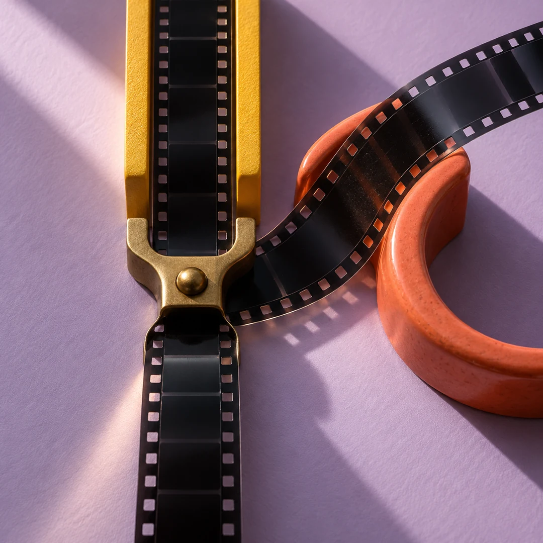 Macro overhead view of a film strip splitting around a small abstract access mechanism