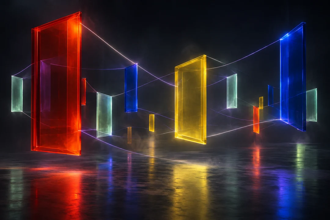 Abstract colored geometric windows linked by luminous paths against a charcoal background