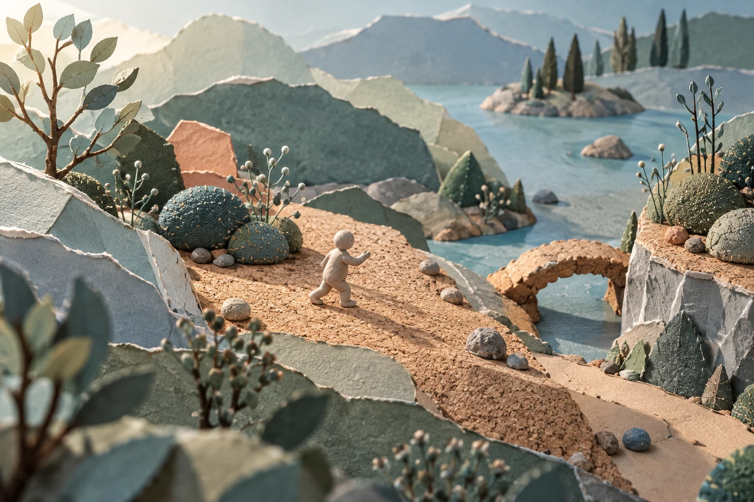 An anonymous clay figure moving through a handmade miniature landscape of paper hills and textured set pieces