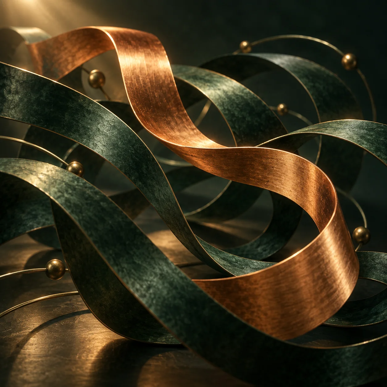 Three-dimensional overlapping copper and forest-green sound ribbons illustrate a trumpet line weaving through an ensemble.
