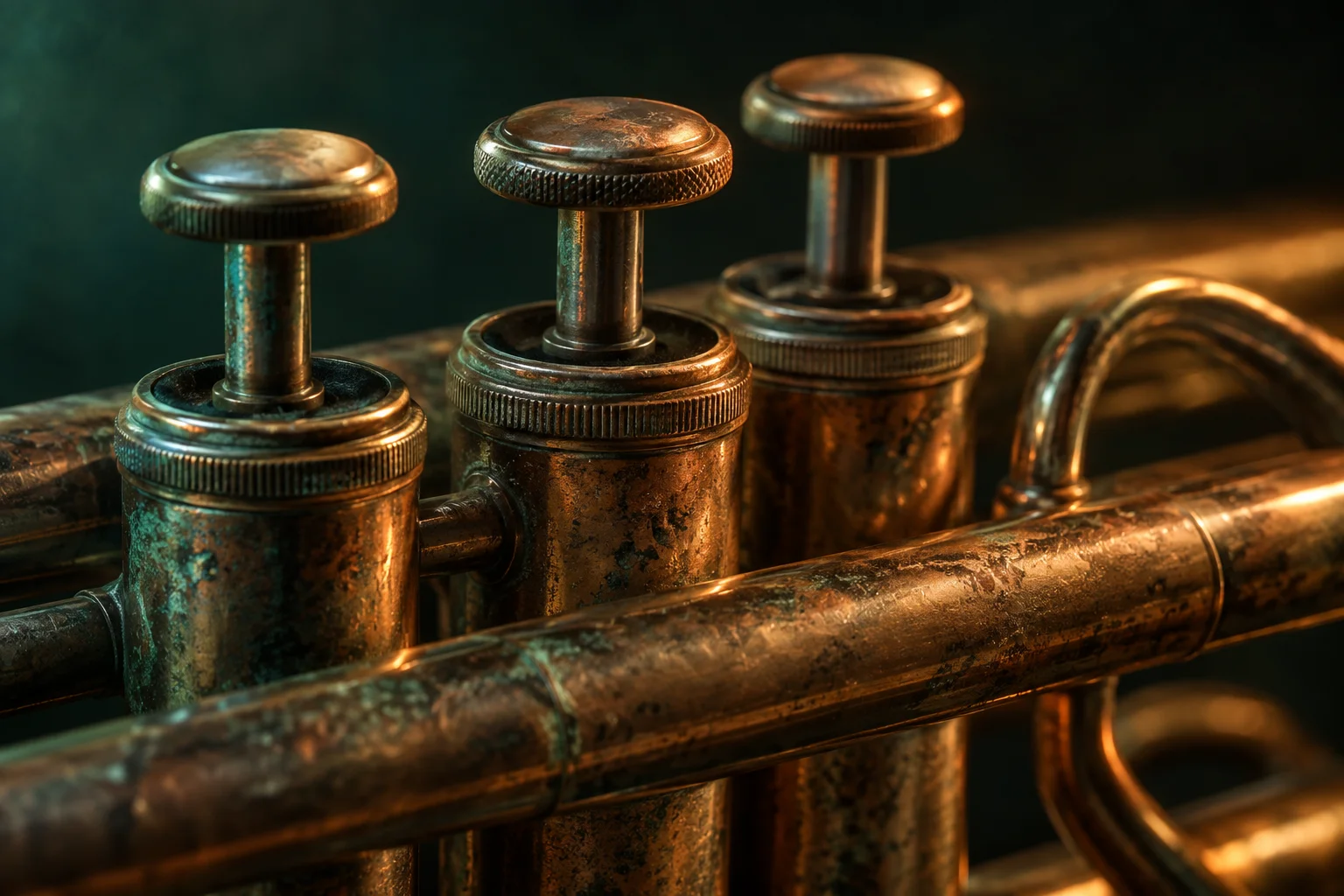Tight macro editorial illustration of copper trumpet valves and worn brass texture catching a narrow beam of light against dark forest green.