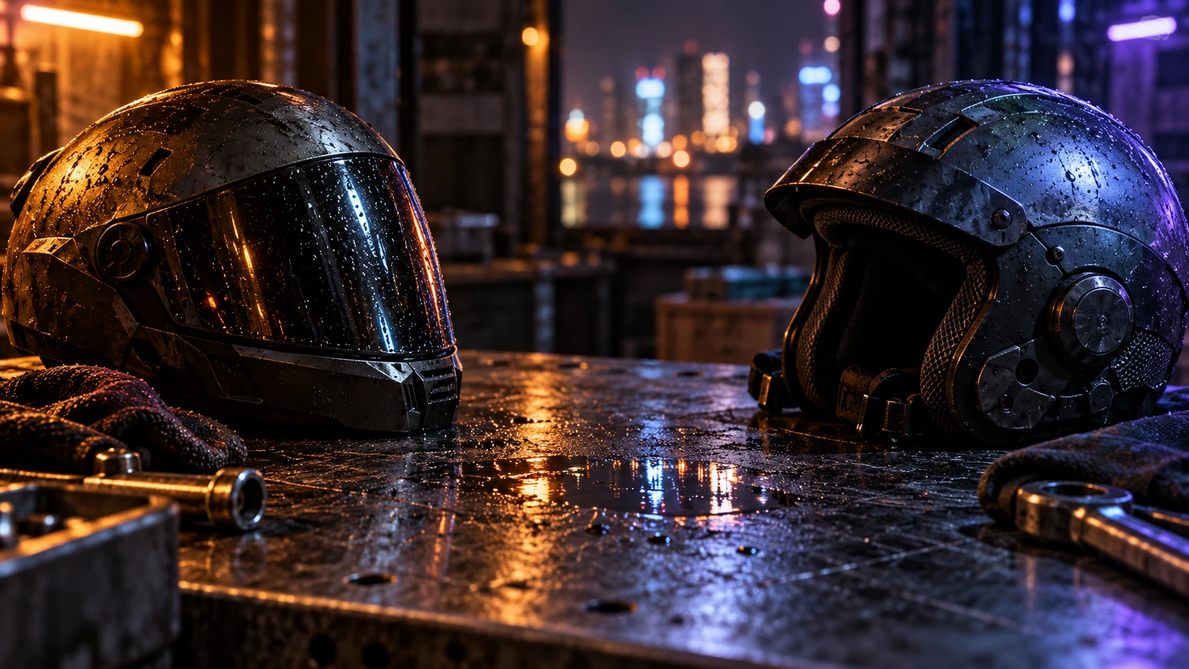 Two different unbranded helmets rest on a rain-speckled metal workbench.