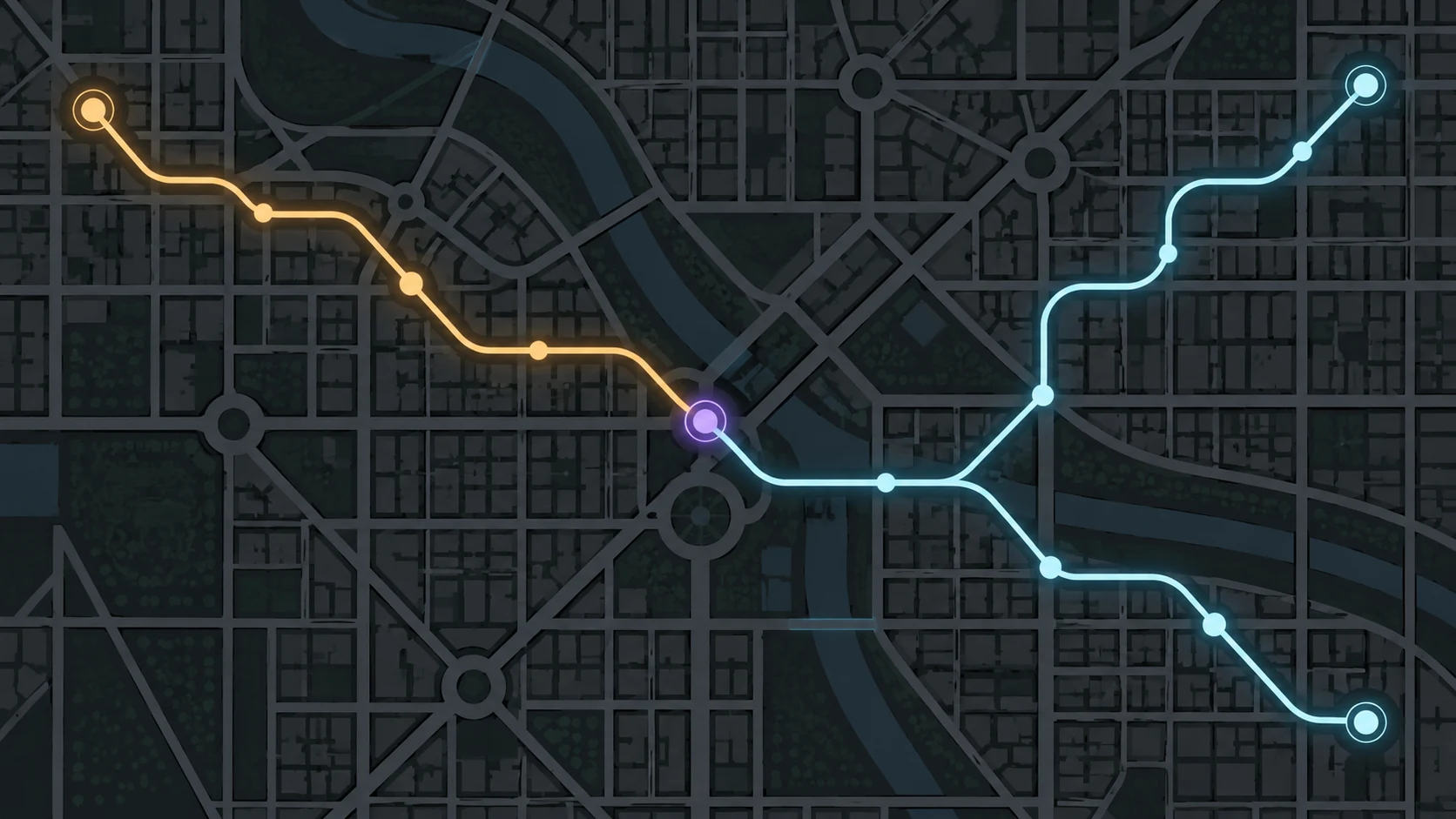 Two glowing routes share an abstract city grid, with a violet intersection and a branching path.