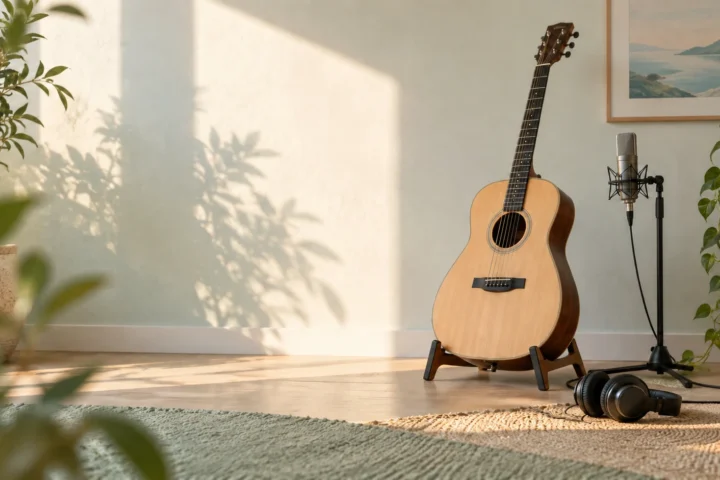 Fictional sunlit acoustic rehearsal corner with an unbranded guitar and soft jade shadows; not JUDÁ or a real event.