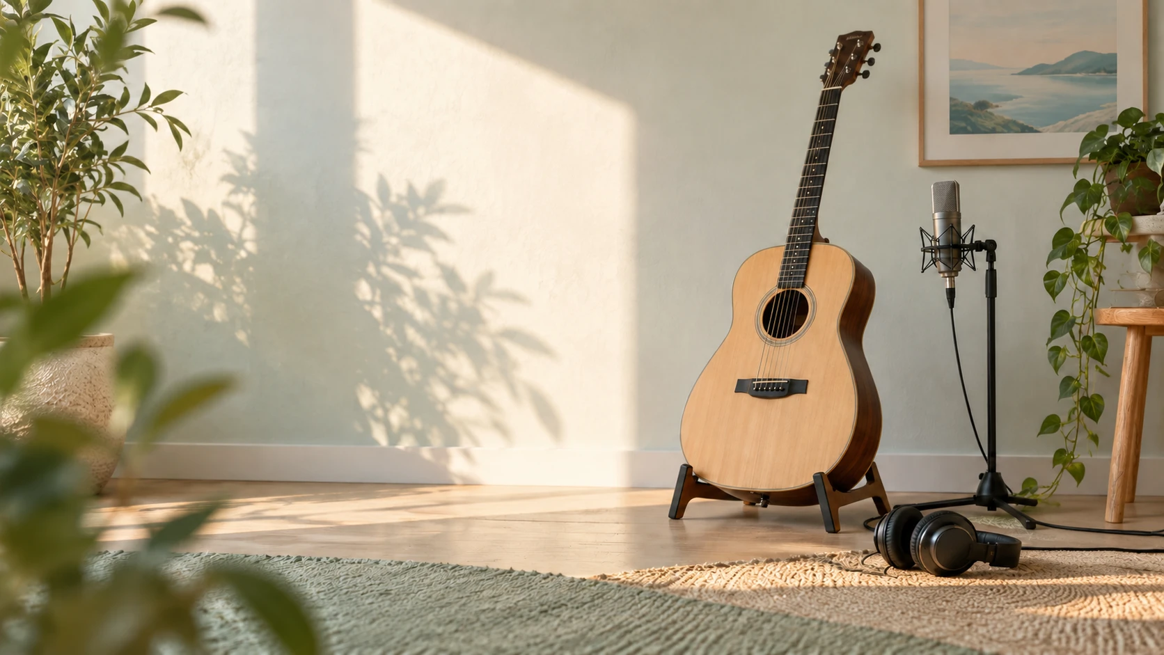 Fictional sunlit acoustic rehearsal corner with an unbranded guitar and soft jade shadows; not JUDÁ or a real event.