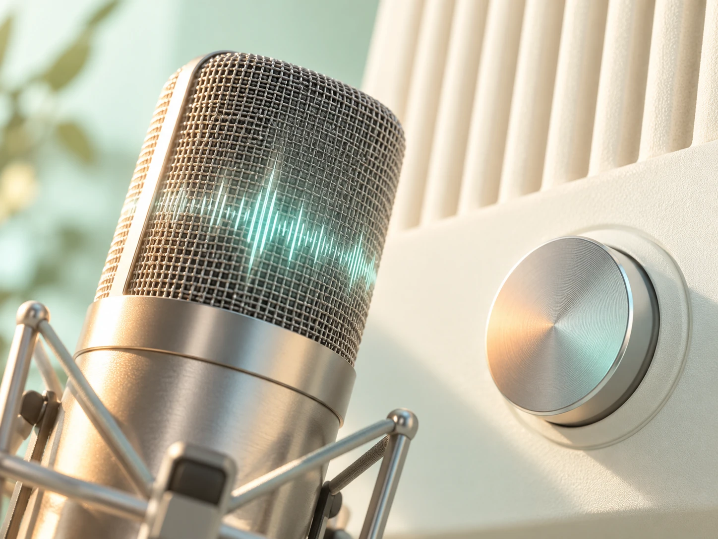 Close fictional studio detail of an unbranded microphone capsule beside a glowing waveform dial; not a real recording session.
