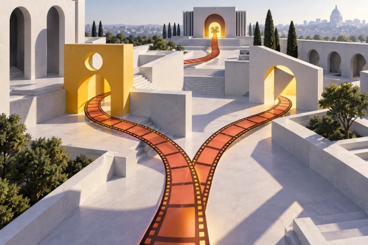 Abstract two-path film route through a bright civic library-like space toward a cinema threshold