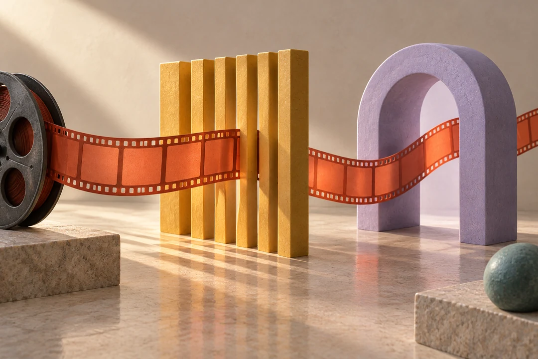 Side view of a coral film ribbon passing through two different abstract borrowing gates
