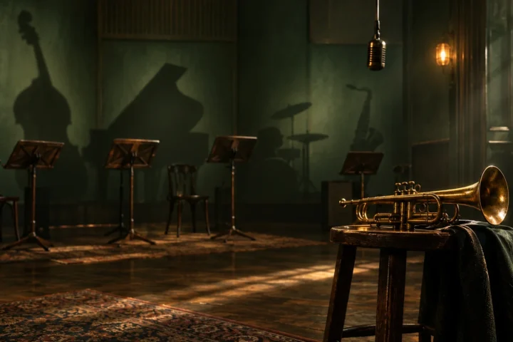AI-generated imagined recording room with an unbranded trumpet and instrument shadows in green and copper light.