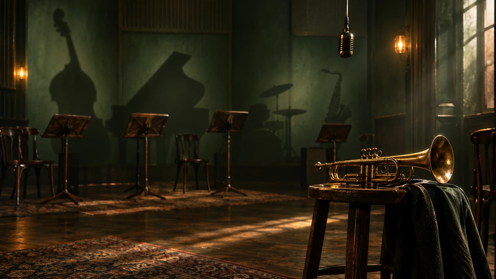 AI-generated imagined recording room with an unbranded trumpet and instrument shadows in green and copper light.