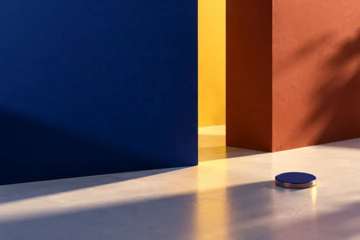 Fictional cobalt and terracotta entry scene with a saffron Friday-evening light beam and an unmarked token; not an actual museum.