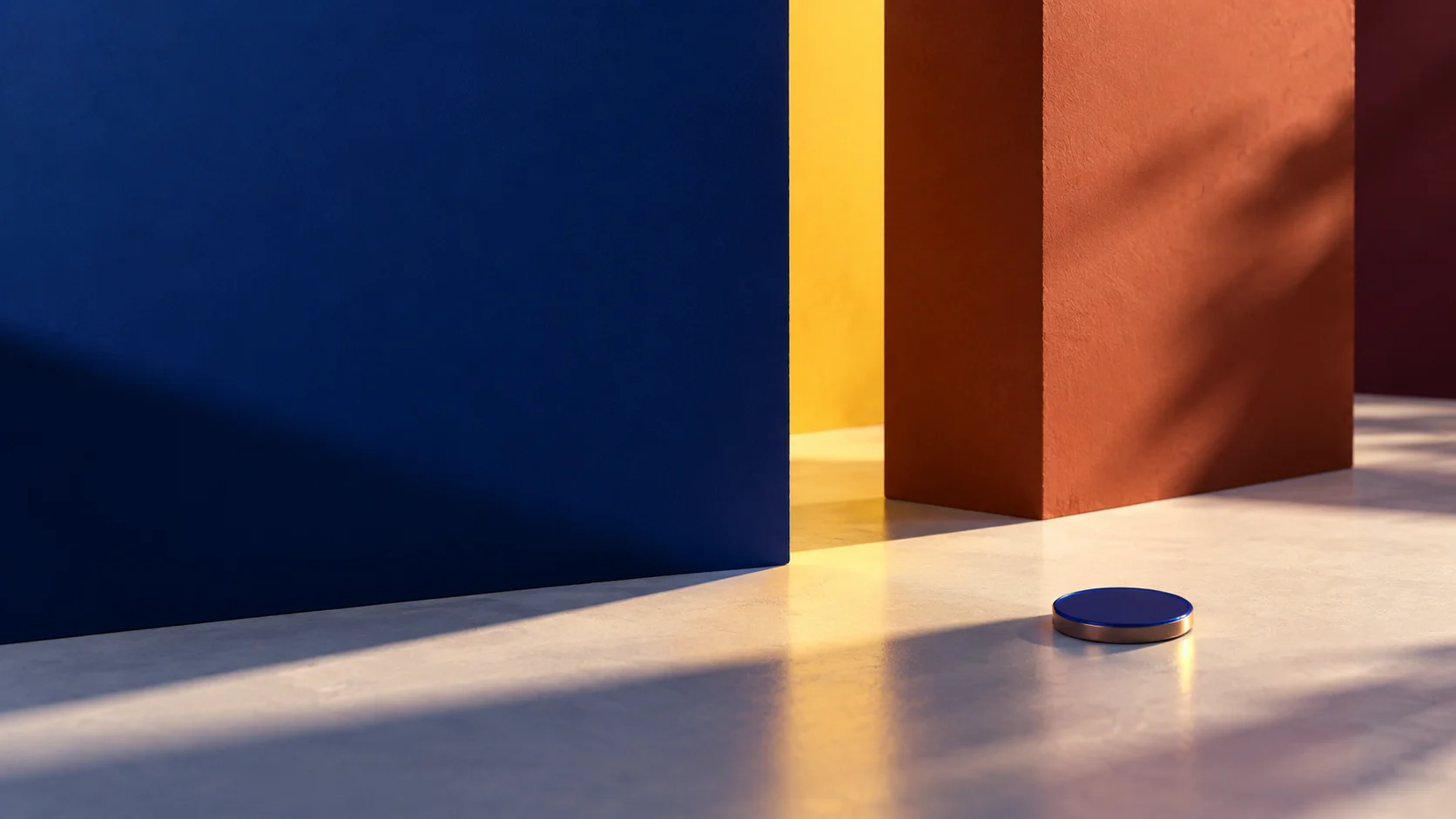 Fictional cobalt and terracotta entry scene with a saffron Friday-evening light beam and an unmarked token; not an actual museum.