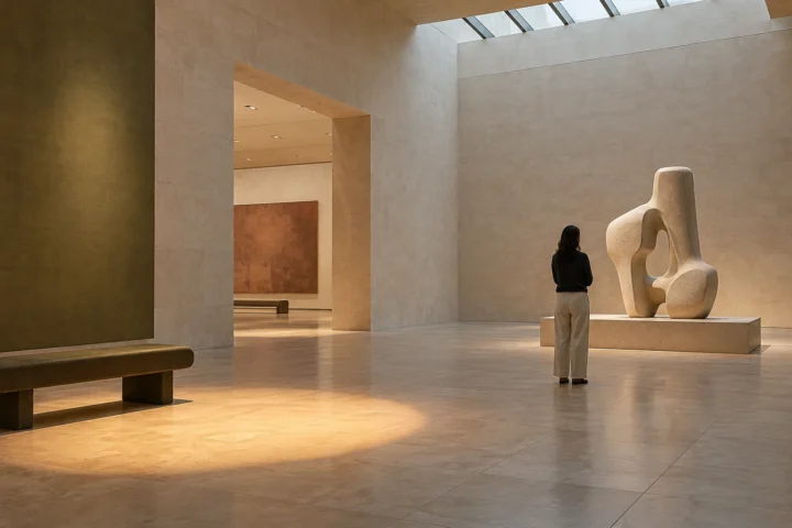 A quiet contemporary gallery with one anonymous visitor between a sculpture and a circular pool of warm light