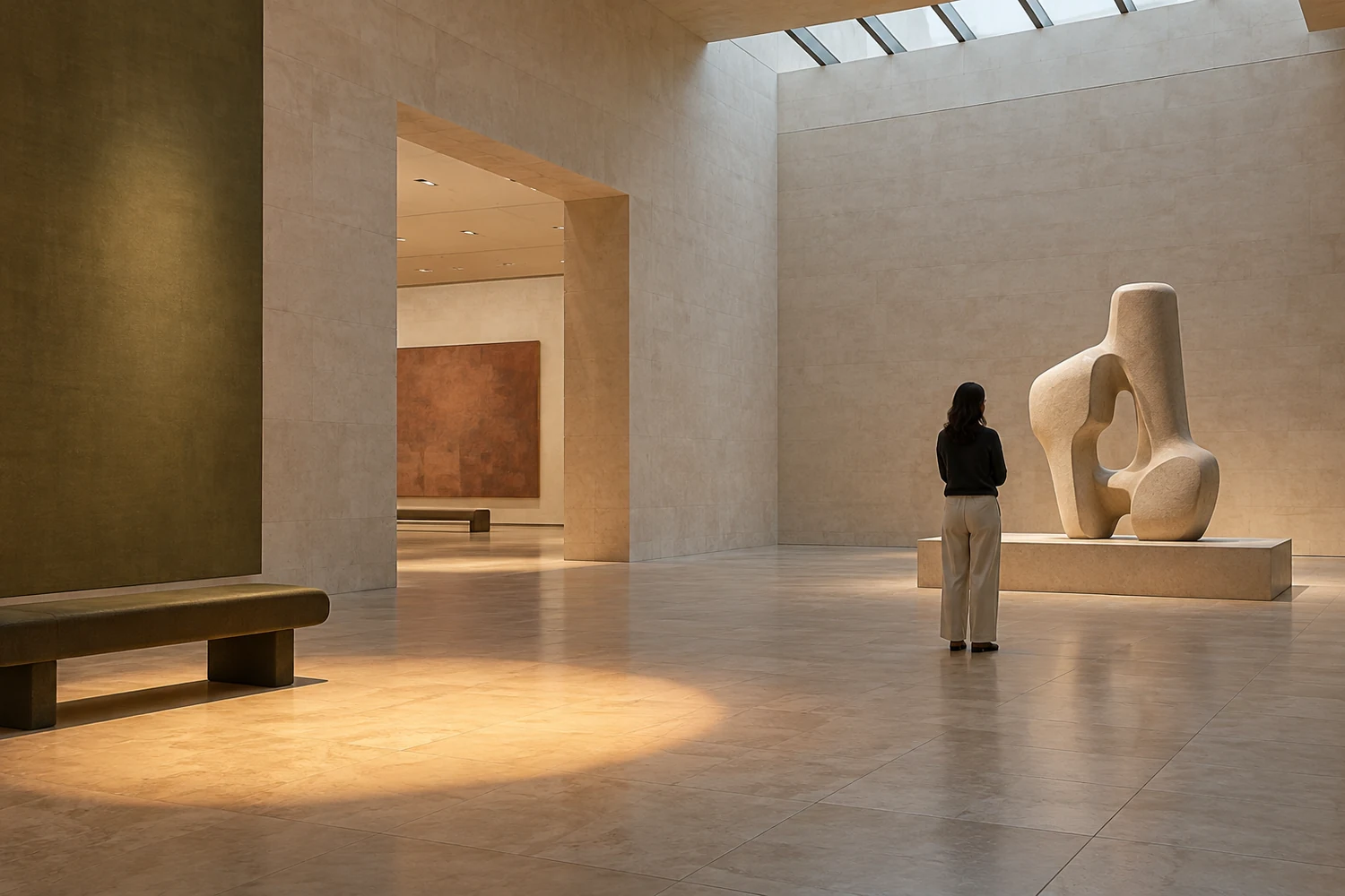 A quiet contemporary gallery with one anonymous visitor between a sculpture and a circular pool of warm light