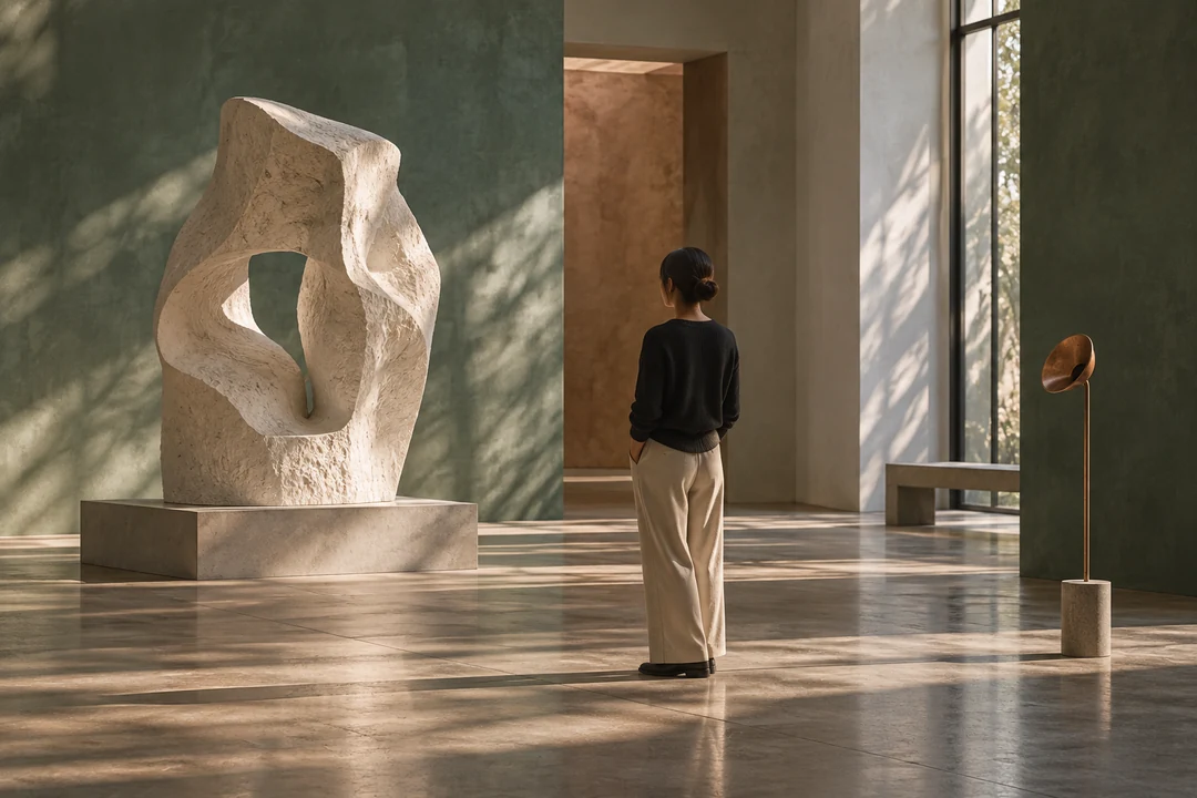 An anonymous visitor observes a sculpture beside a discreet audio listening point in a softly lit gallery