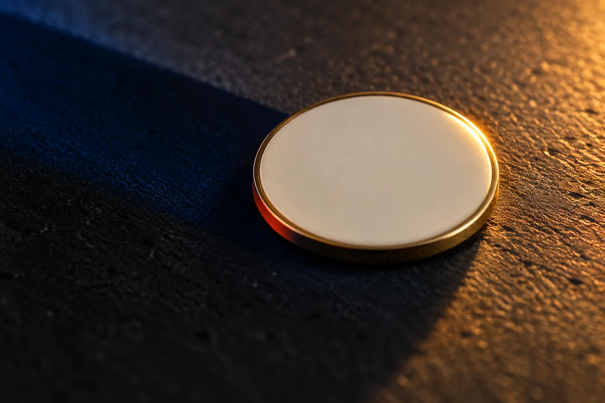 Macro view of a fictional unmarked enamel access token catching saffron light against cobalt shadow; not an actual museum ticket.