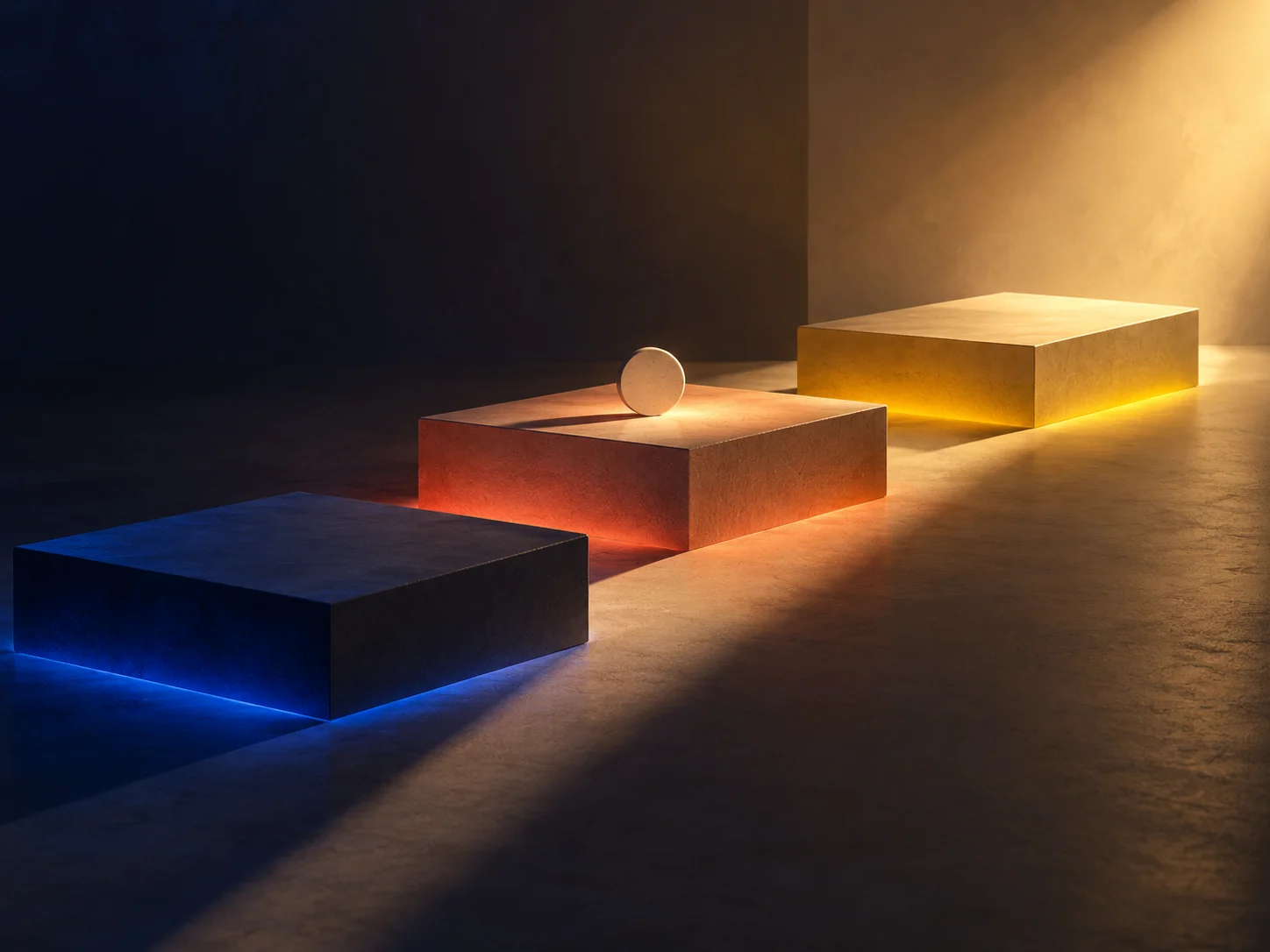 Fictional staggered platforms move from shadow into saffron and blue light, visualizing different Friday visit times; not an actual museum.