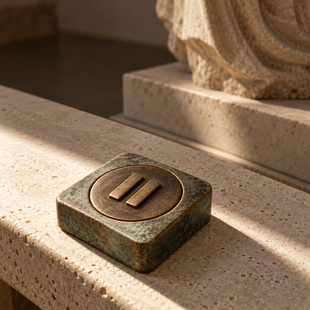 Close view of a square tactile audio-guide pause button on a stone gallery bench, with a sculpture softly blurred behind it