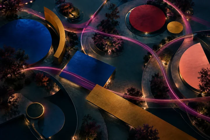 Aerial abstract constellation of colored geometric forms connected by magenta ribbons in a dark teal nocturnal space