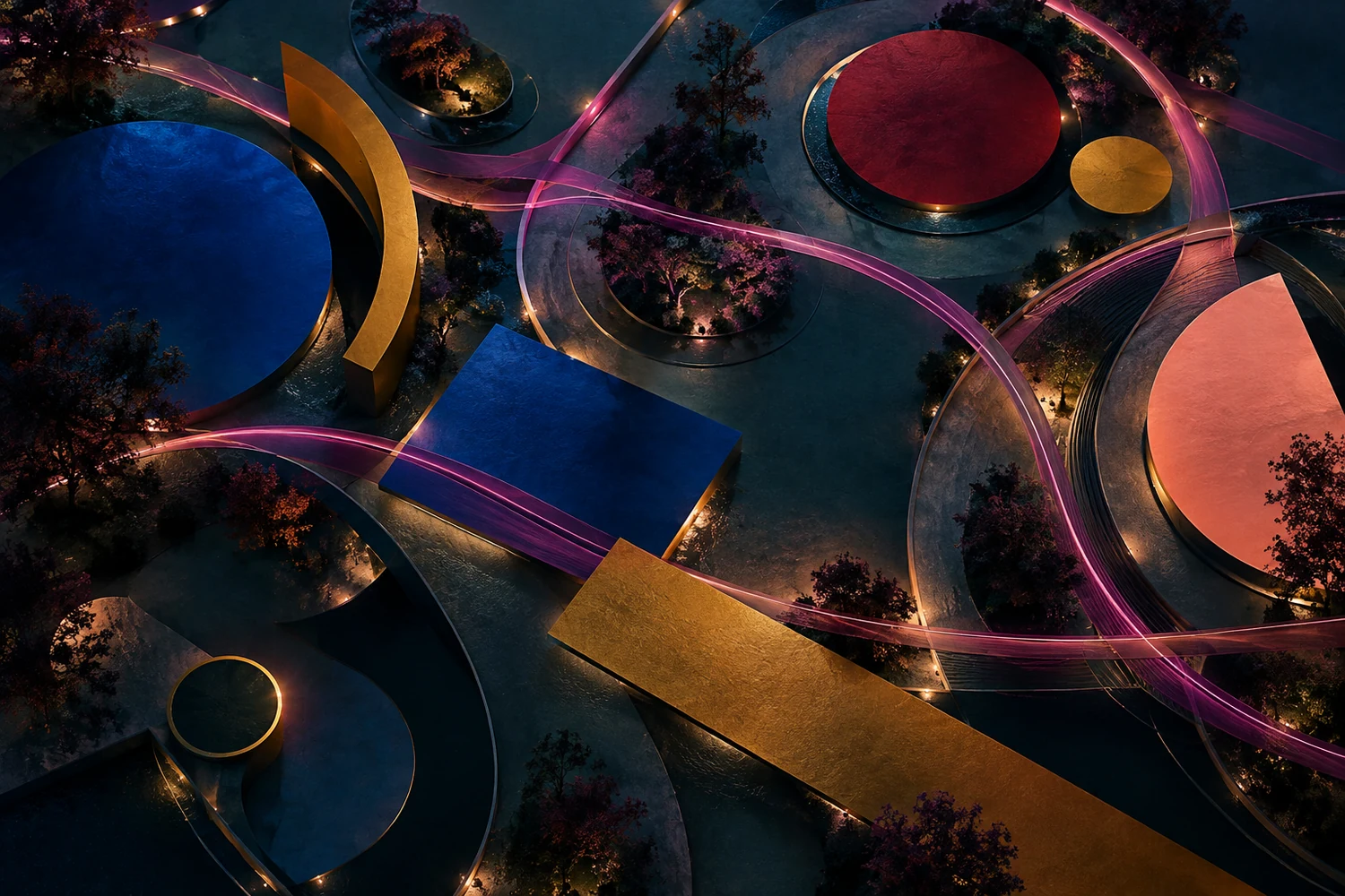 Aerial abstract constellation of colored geometric forms connected by magenta ribbons in a dark teal nocturnal space