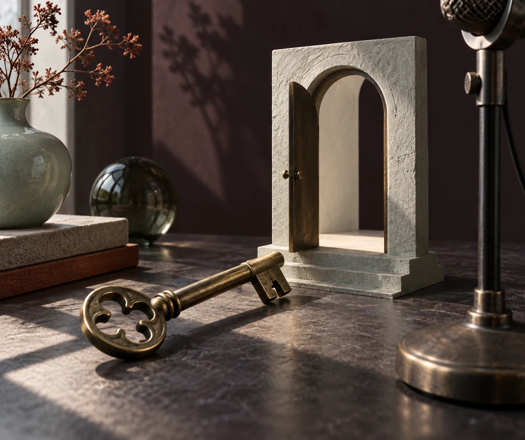 A sculptural brass key beside an open doorway model and a dark microphone stand