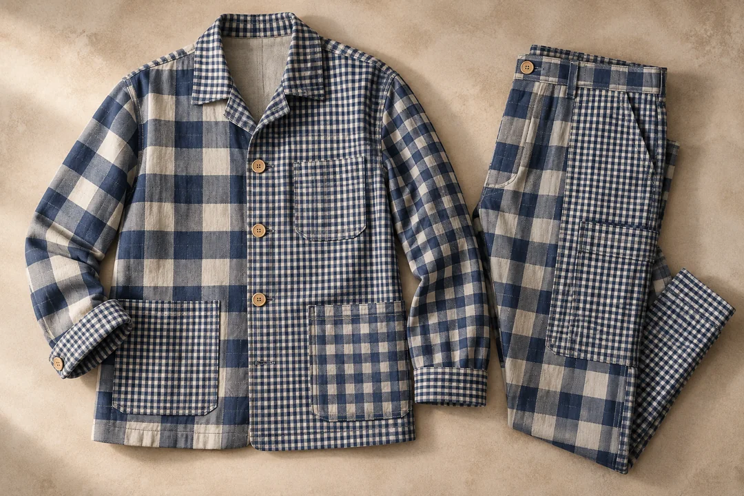 A model-free contemporary blue-and-white checked workwear garment arranged in a mid-distance editorial flat lay with diagonal construction lines