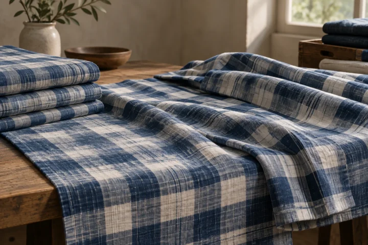 A wide editorial still life of folded blue-and-white checked palaka-inspired fabric arranged like a quiet textile landscape