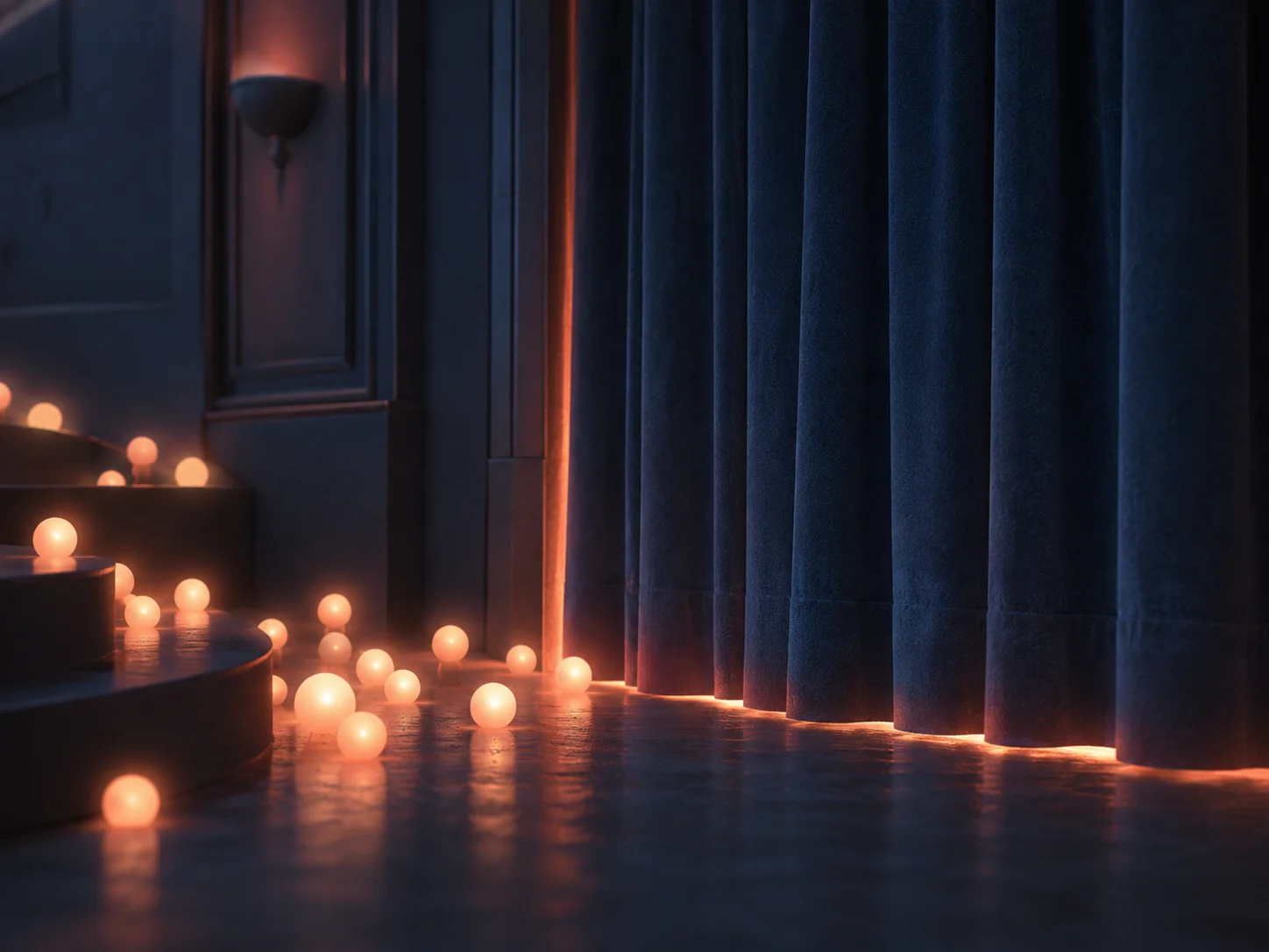 Separate points of light gathering around a closed stage curtain to represent a collective clip unlock.