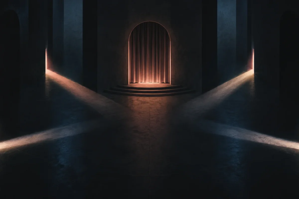 Abstract beams of light converging toward a closed stage curtain; an editorial illustration, not an app screen.