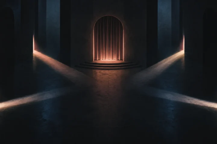 Abstract beams of light converging toward a closed stage curtain; an editorial illustration, not an app screen.