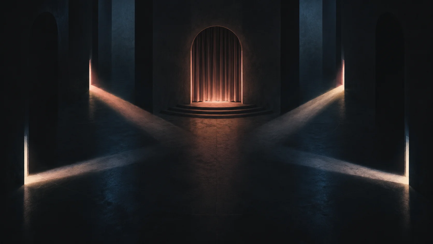 Abstract beams of light converging toward a closed stage curtain; an editorial illustration, not an app screen.