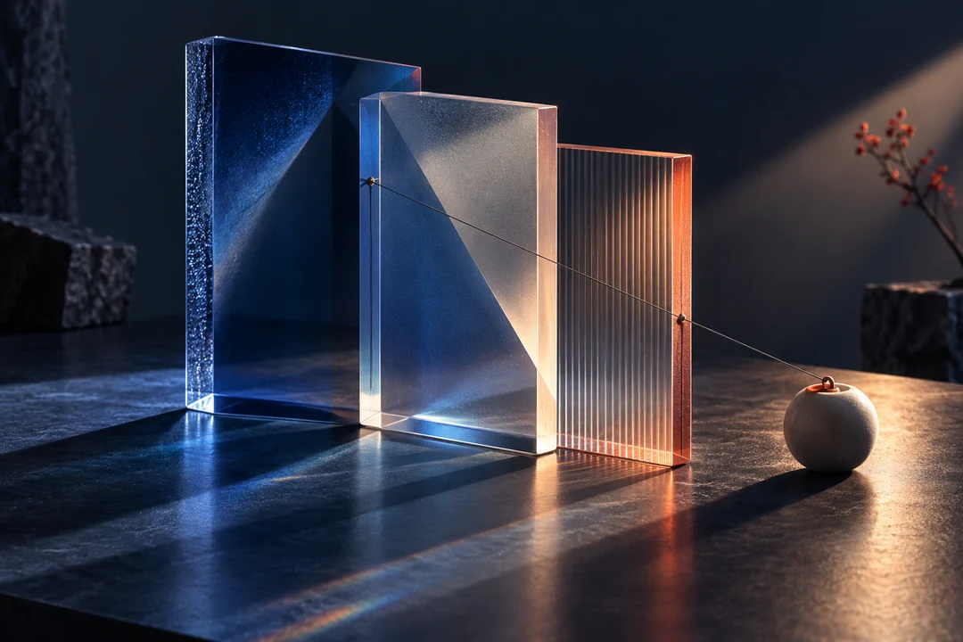 Layered translucent prisms cast different shadows across a dark editorial set