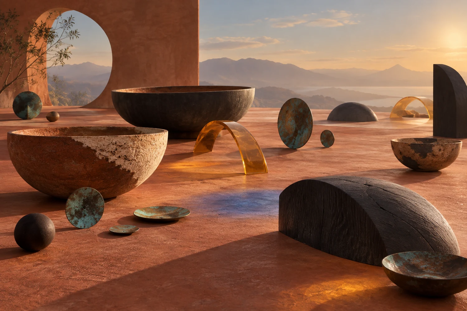 Abstract terracotta sound garden with contrasting ceramic and metal forms representing changing musical timbre