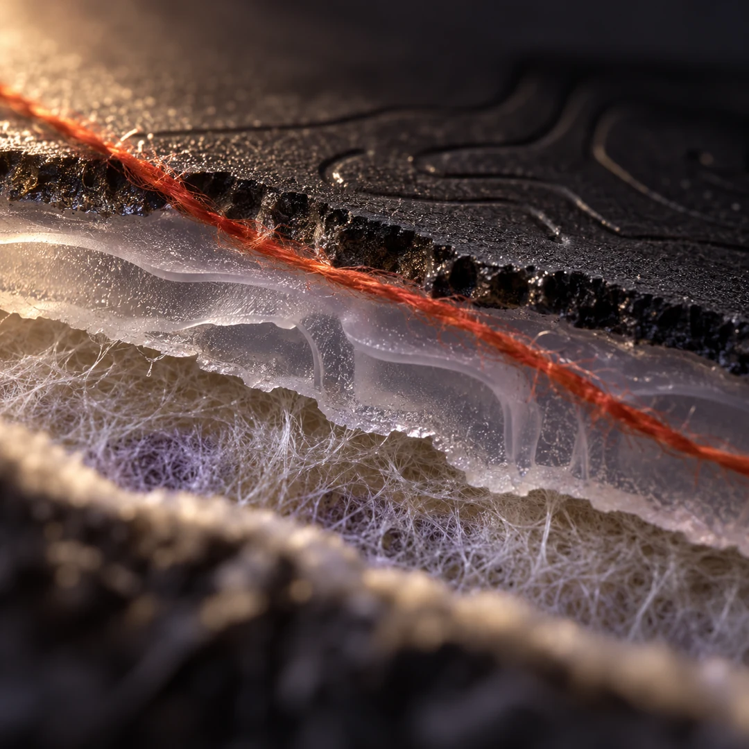 A close-up of a fine thread crossing layered materials with incomplete marks and shifting texture