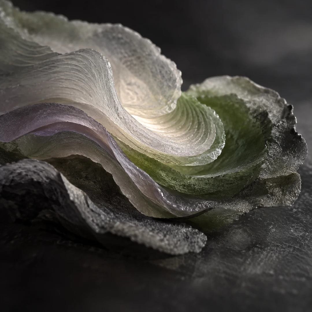A close macro view of translucent layered surfaces holding a small pool of fading light
