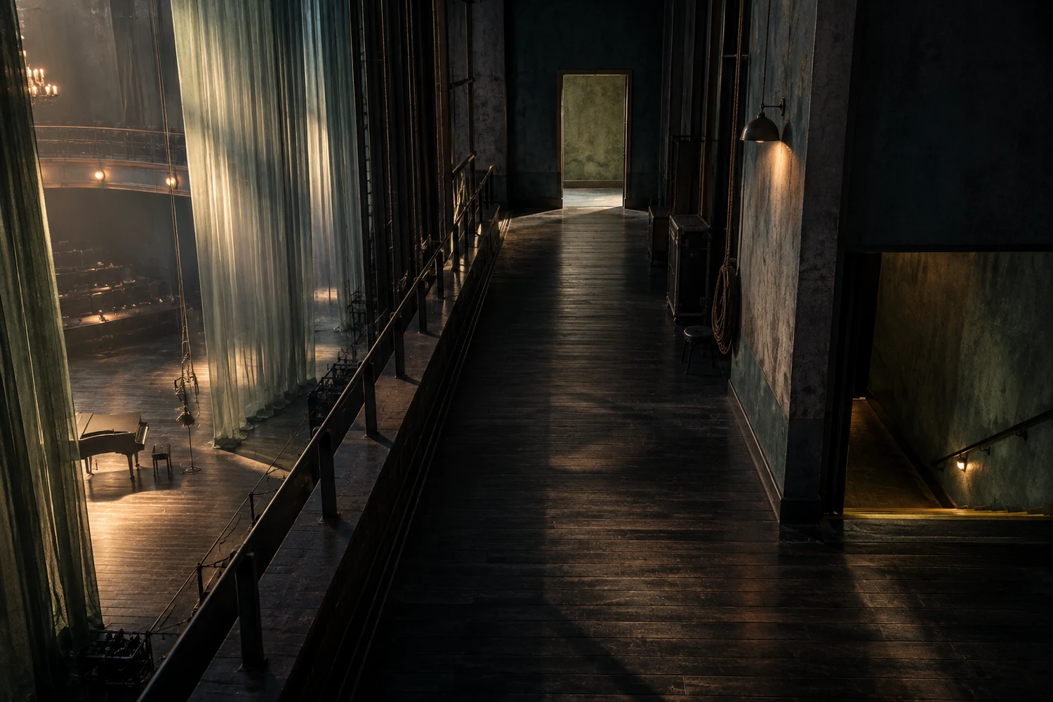 An empty backstage passage where warm light meets a cool shadowed exit